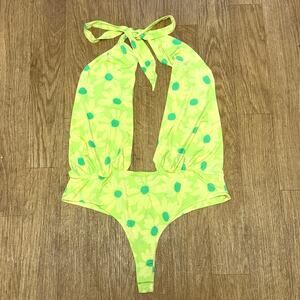 NWOT AFRM Green Yellow Floral Rosa Cross Halter Plunge Neck Bodysuit Size XL